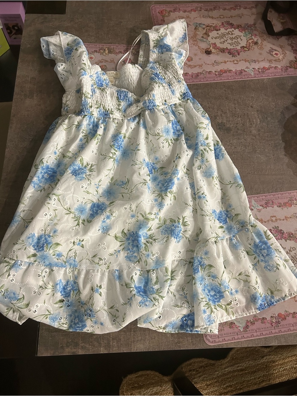 Blue Floral Eyelet Sundress for Girls - White & Blue